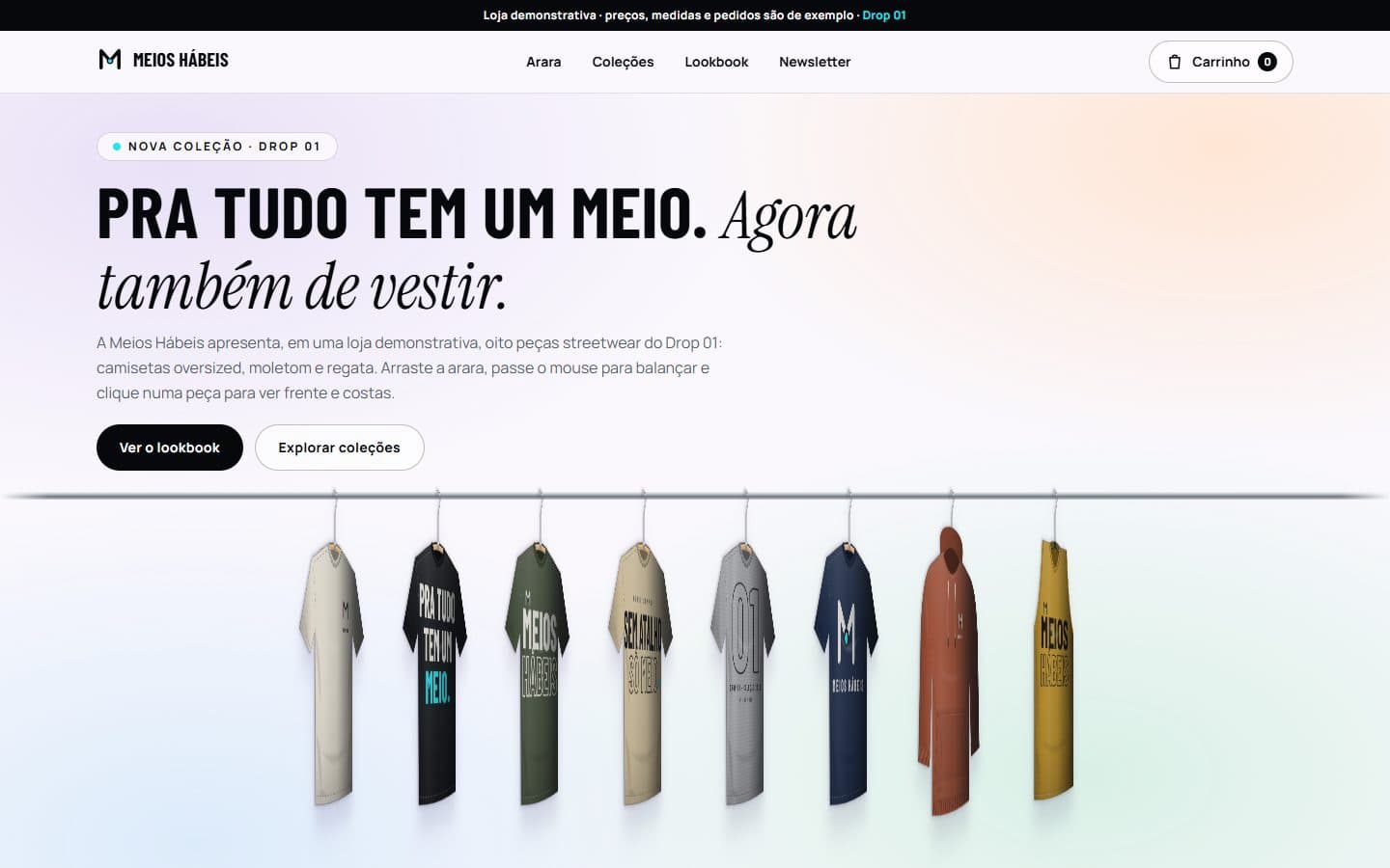 Página inicial da loja modelo: oito camisetas e moletons pendurados numa arara 3D